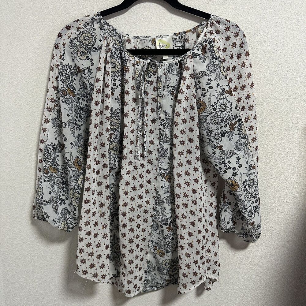 Anthropologie Fig and Flower Women String Shirt Tunic Blouse Boho Peasant Large